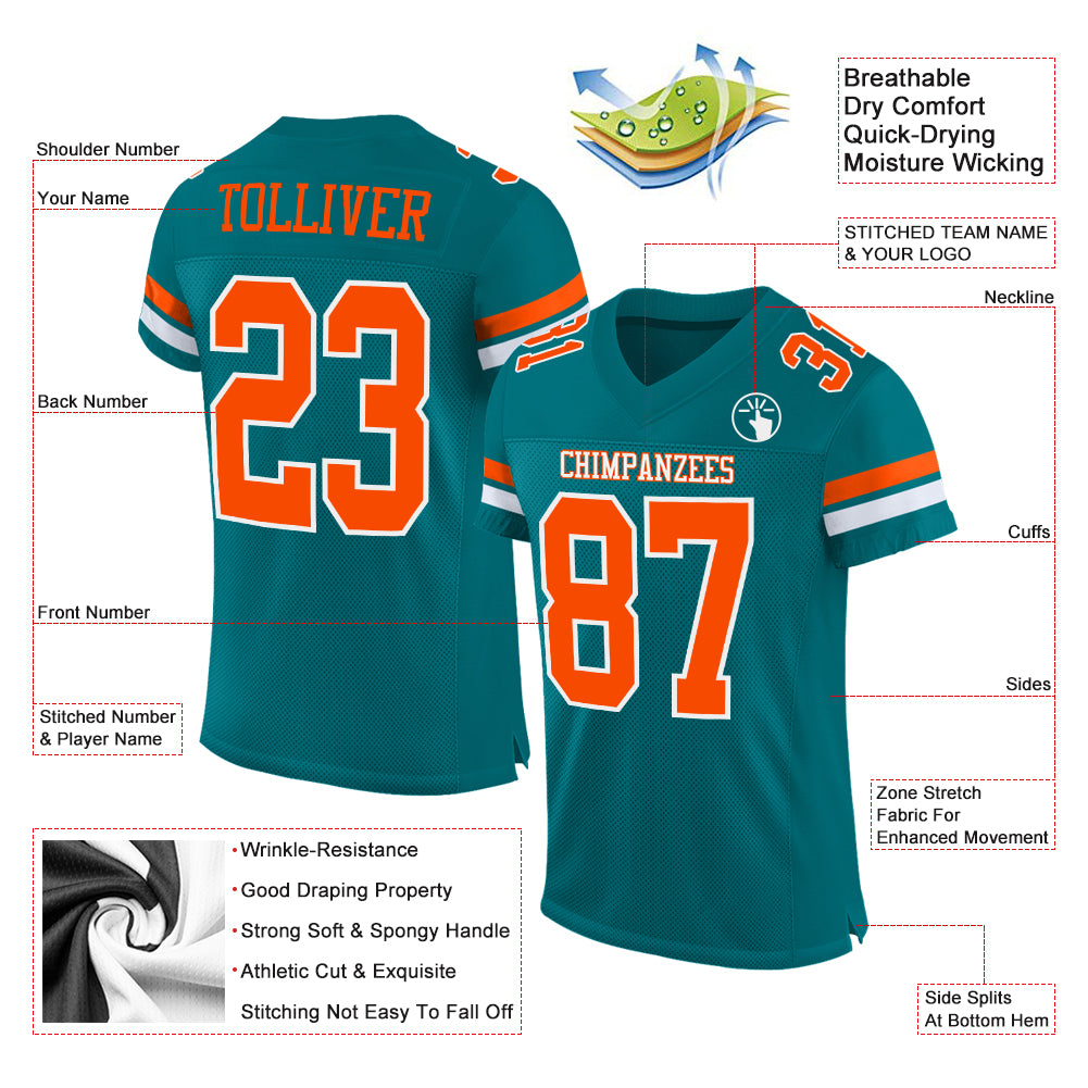 Custom Teal Orange-White Mesh Authentic Football Jersey