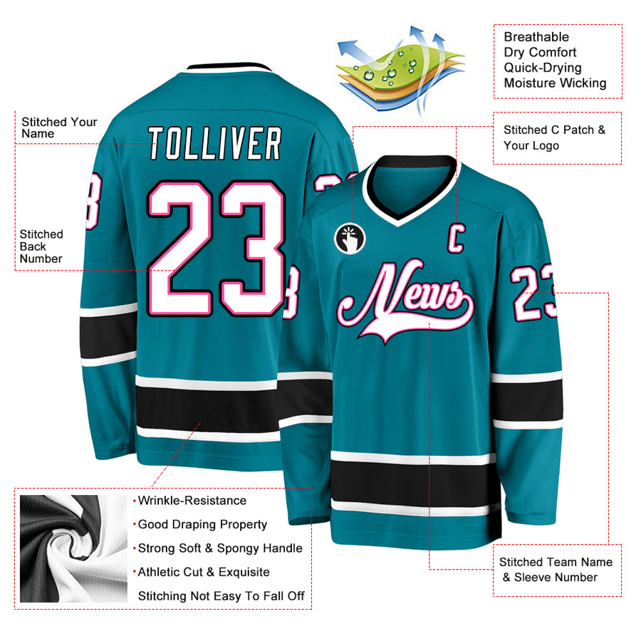 Custom Teal White-Black Hockey Jersey