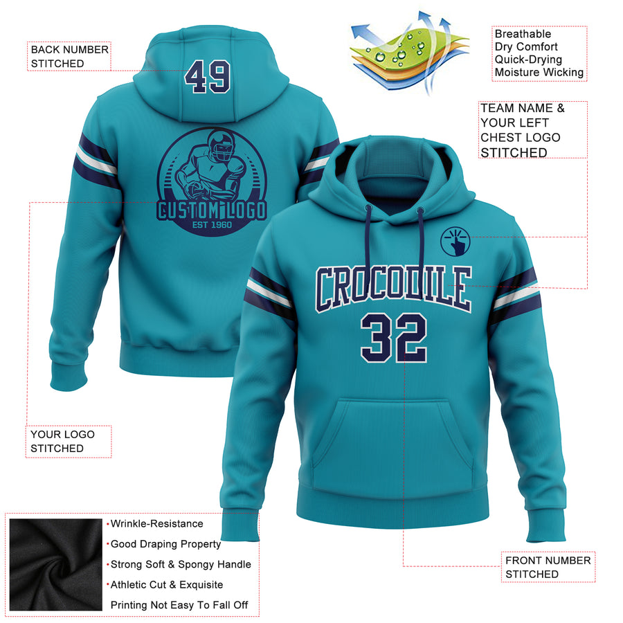 Custom Stitched Teal Navy-White Football Pullover Sweatshirt Hoodie