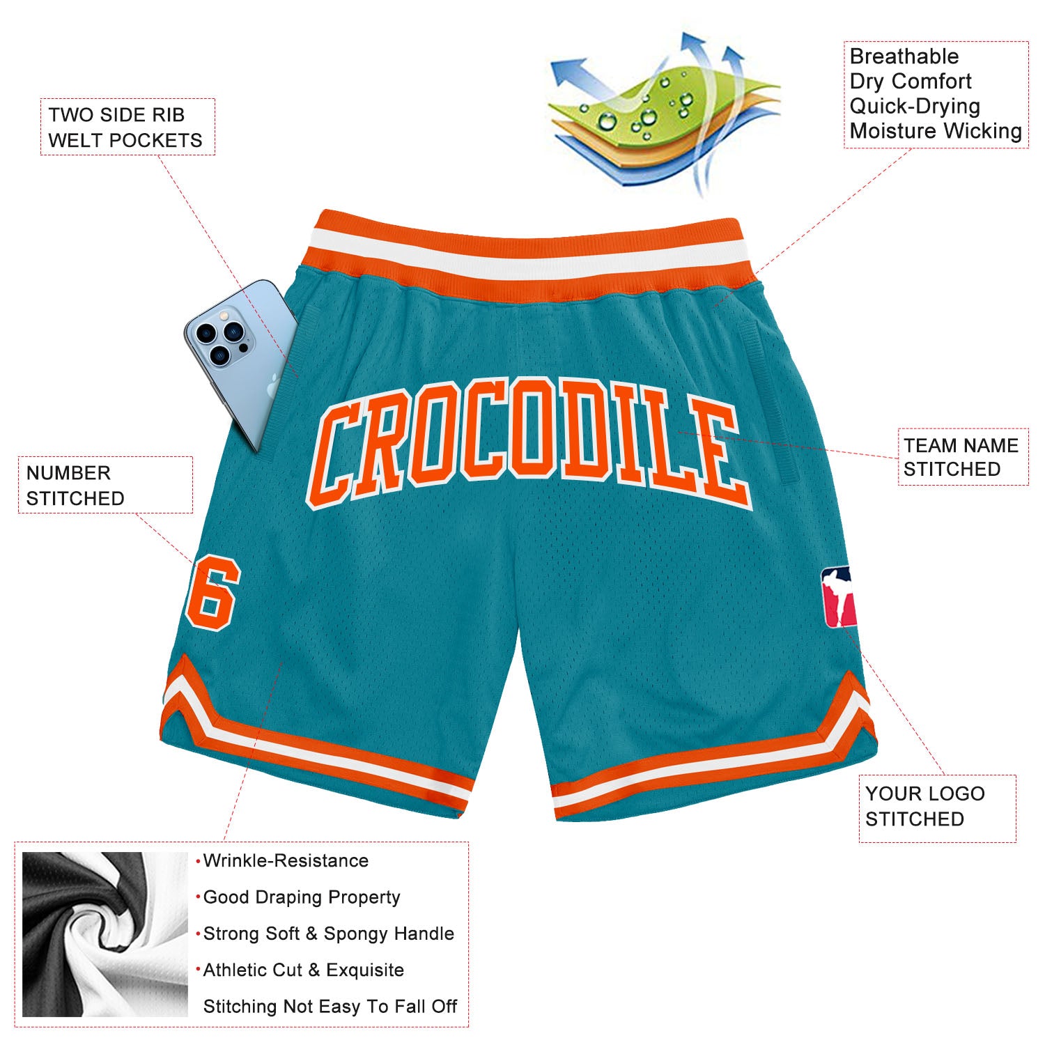 Custom Teal Orange-White Authentic Throwback Basketball Shorts