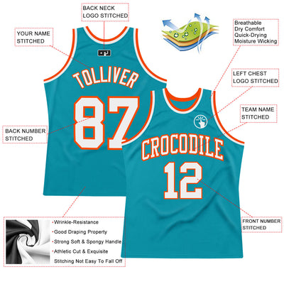 Custom Teal White-Orange Authentic Throwback Basketball Jersey