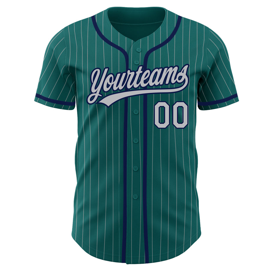 Custom Teal Gray Pinstripe Gray-Navy Authentic Baseball Jersey