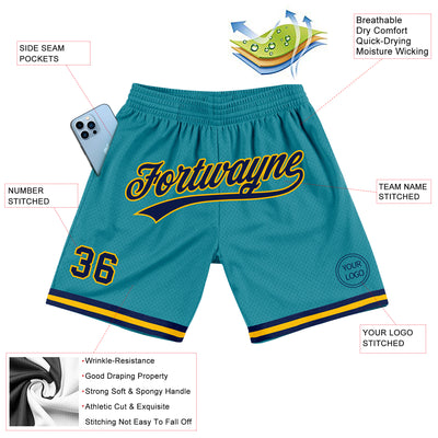 Custom Teal Navy-Gold Authentic Throwback Basketball Shorts