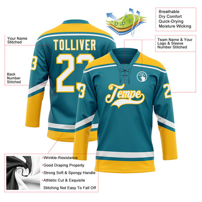 Custom Teal White-Gold Hockey Lace Neck Jersey