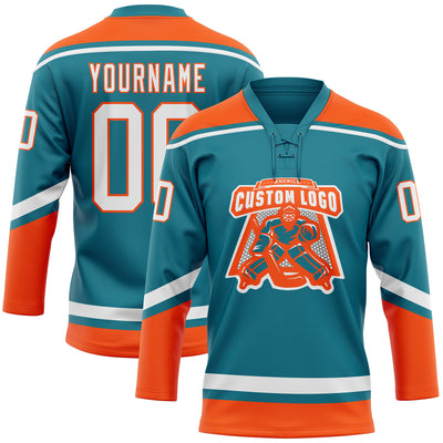 Custom Teal White-Orange Hockey Lace Neck Jersey