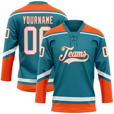 Custom Teal White-Orange Hockey Lace Neck Jersey