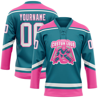 Custom Teal White-Pink Hockey Lace Neck Jersey