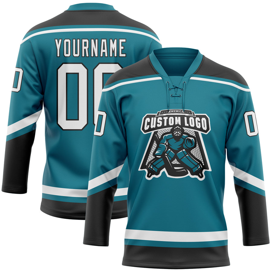 Custom Teal White-Black Hockey Lace Neck Jersey