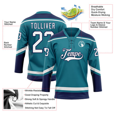 Custom Teal White-Navy Hockey Lace Neck Jersey