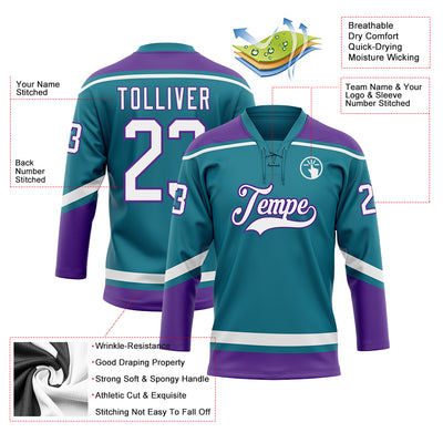 Custom Teal White-Purple Hockey Lace Neck Jersey