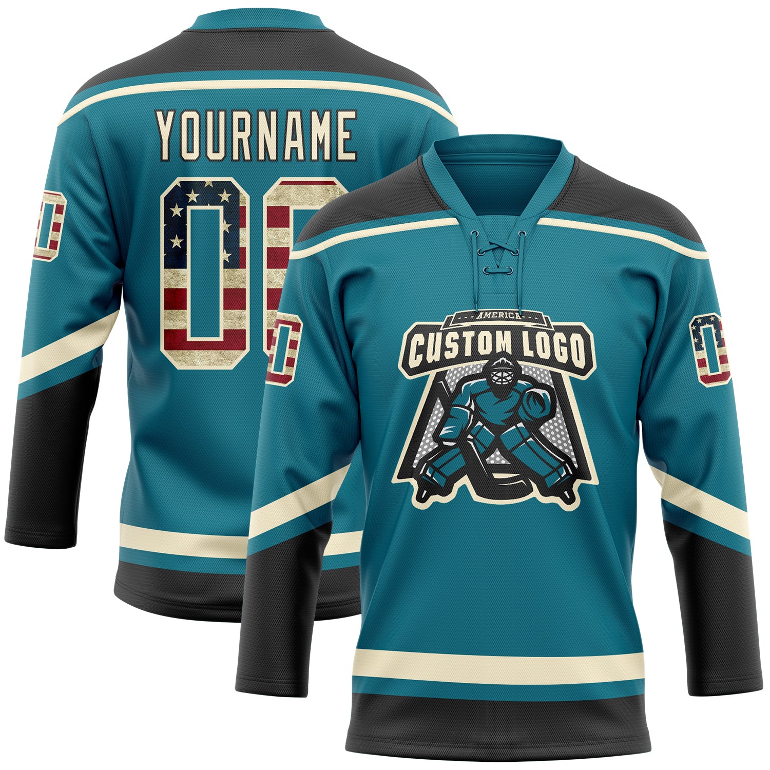 Custom lace neck Hockey Lace Neck Jersey Teal Vintage USA Flag