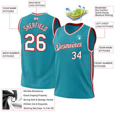 Custom Teal White-Red Authentic Throwback Basketball Jersey