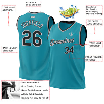 Custom Teal Black-Gray Authentic Throwback Basketball Jersey