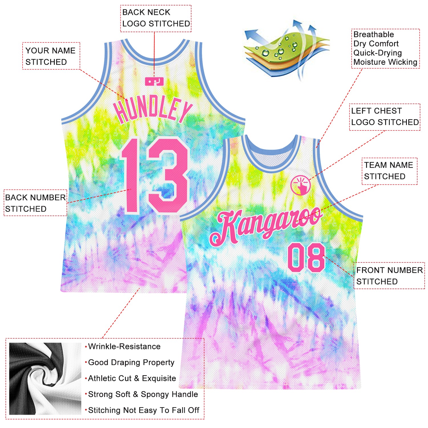 Custom Tie Dye Pink-White 3D Authentic Basketball Jersey