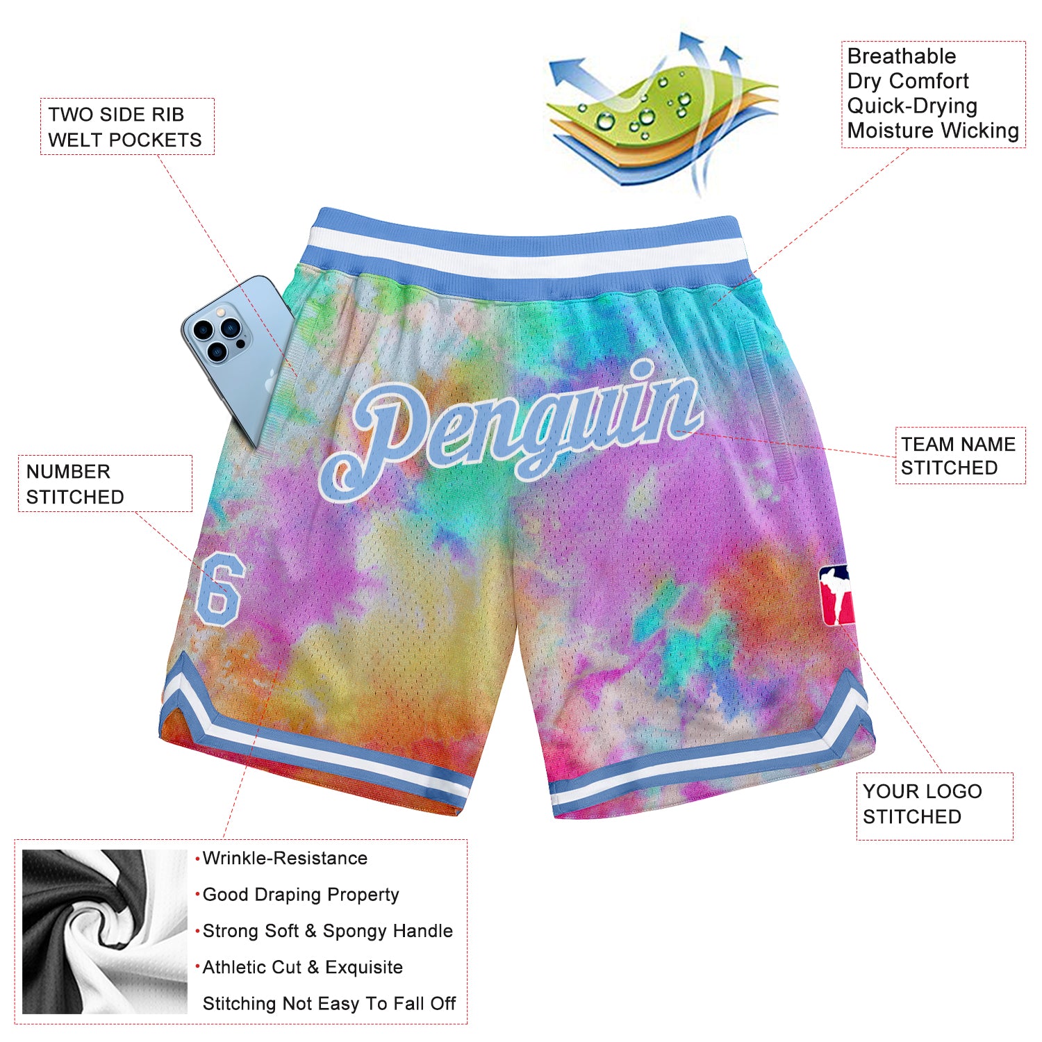 Custom Tie Dye Light Blue-White 3D Authentic Basketball Shorts