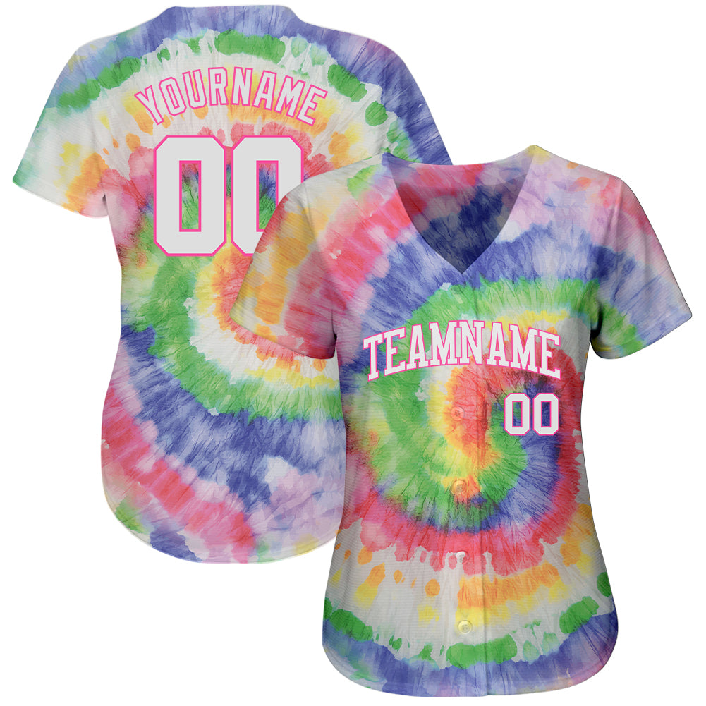 Cheap Custom Tie Dye Light Blue-Pink 3D Rainbow Authentic Baseball