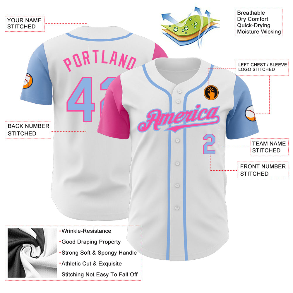 Custom White Light Blue Pink-Black Authentic Two Tone Baseball Jersey