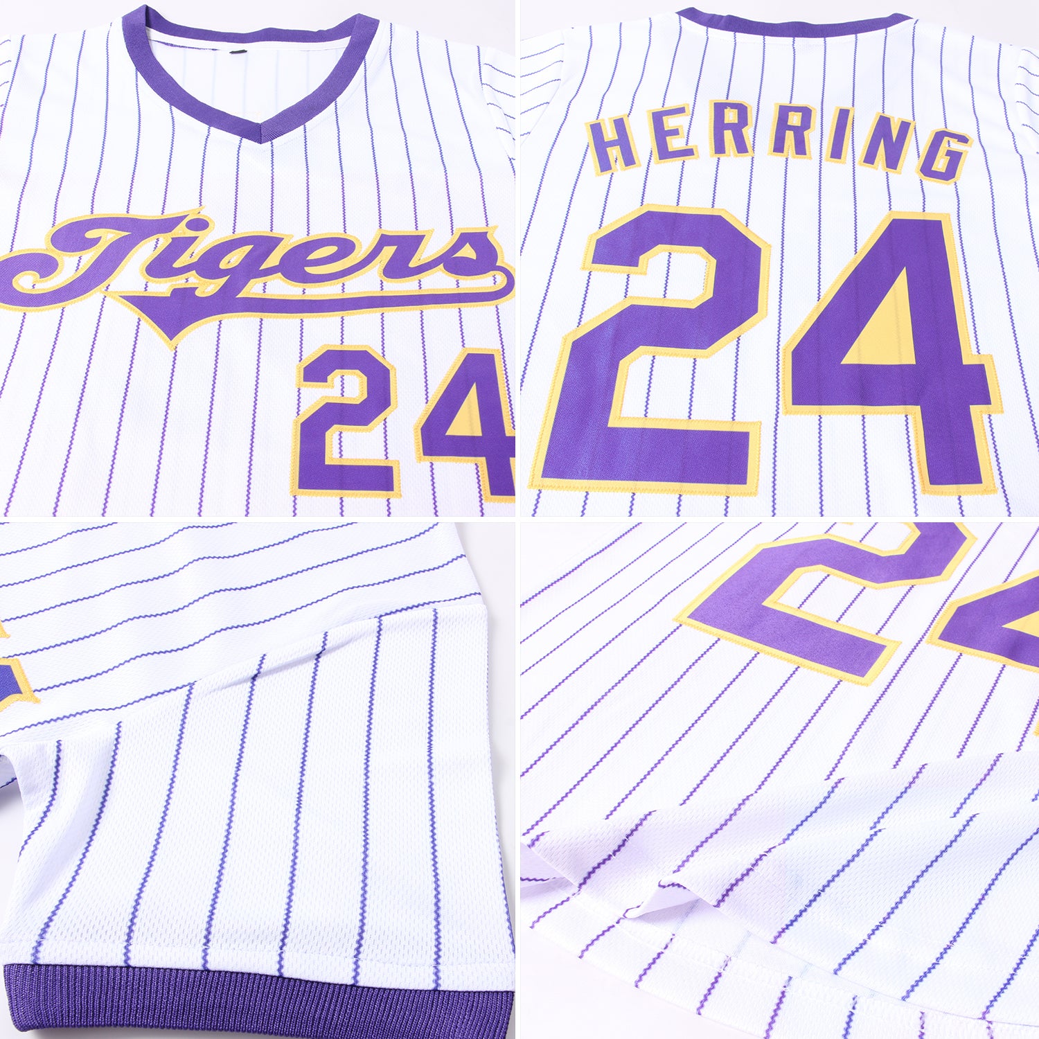 Custom White Purple Pinstripe Purple-Gold Authentic Throwback Rib-Knit Baseball Jersey Shirt