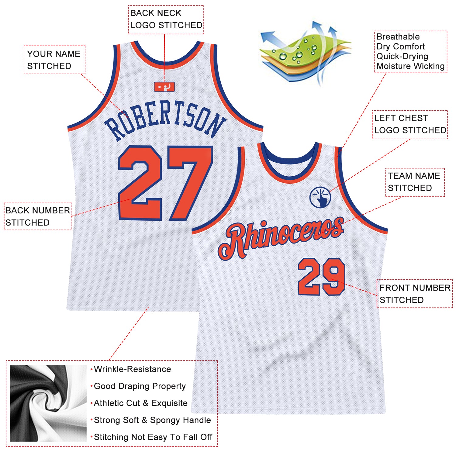 Custom White Orange-Royal Authentic Throwback Basketball Jersey