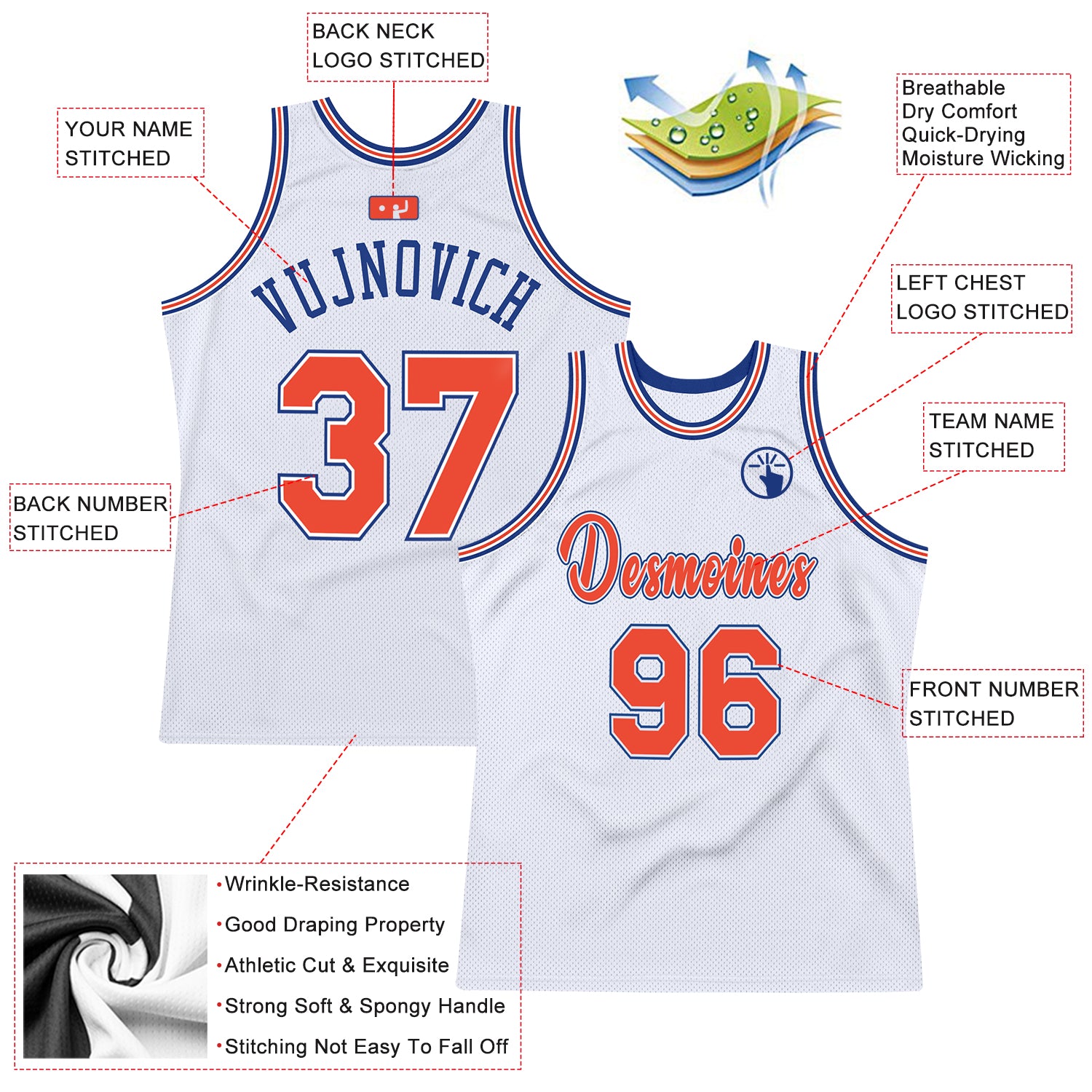 Custom White Orange-Royal Authentic Throwback Basketball Jersey