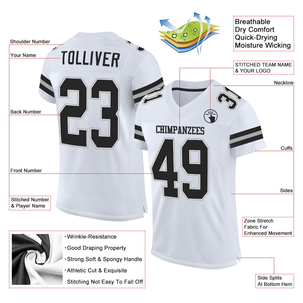 Custom Team Black Football Authentic Gray Mesh Jersey White