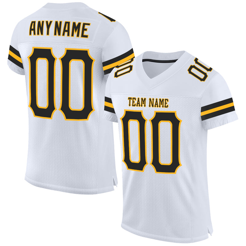 Custom White Football Jersey Black-Gold Mesh Authentic - FansIdea