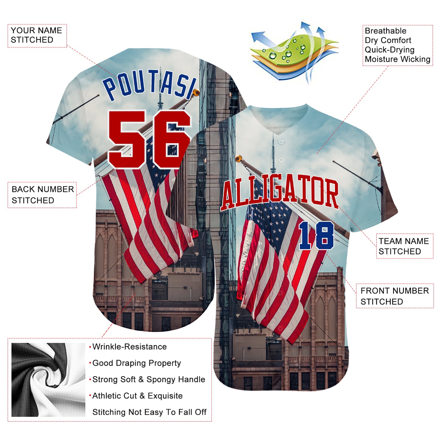 Custom White Red-Royal 3D American Flag Fashion Authentic Baseball Jersey