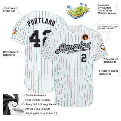 Custom White Teal Pinstripe Black-Gray Authentic Baseball Jersey