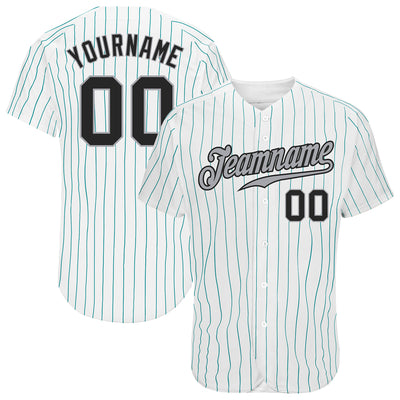 Custom White Teal Pinstripe Black-Gray Authentic Baseball Jersey