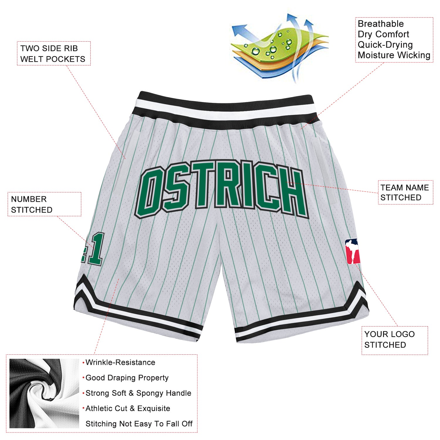 Custom White Kelly Green Pinstripe Kelly Green-Black Authentic Basketball Shorts