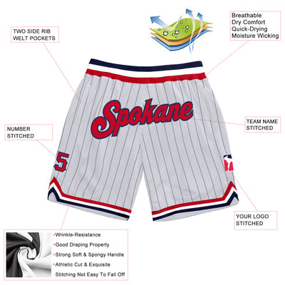 Custom White Navy Pinstripe Red-Navy Authentic Basketball Shorts