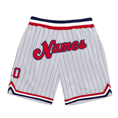 Custom White Navy Pinstripe Red-Navy Authentic Basketball Shorts