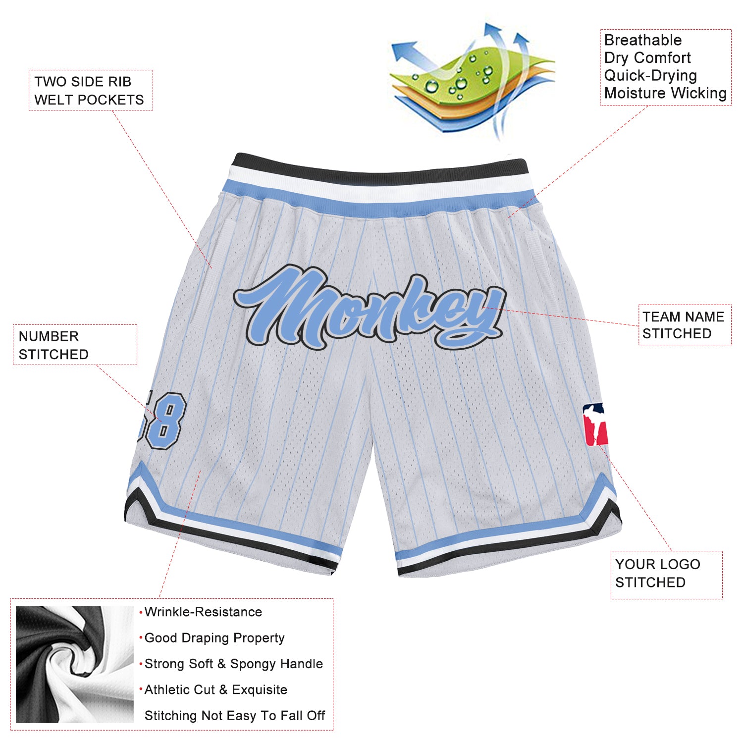 Custom White Light Blue Pinstripe Light Blue-Black Authentic Basketball Shorts