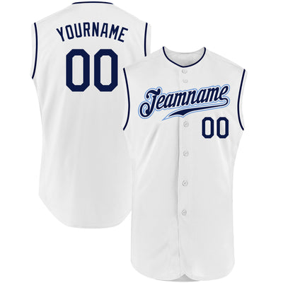 Custom White Navy Authentic Sleeveless Baseball Jersey