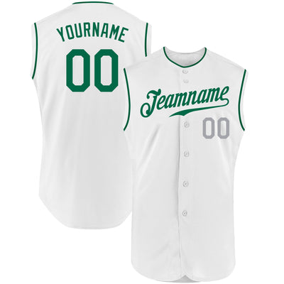 Custom White Kelly Green-Gray Authentic Sleeveless Baseball Jersey