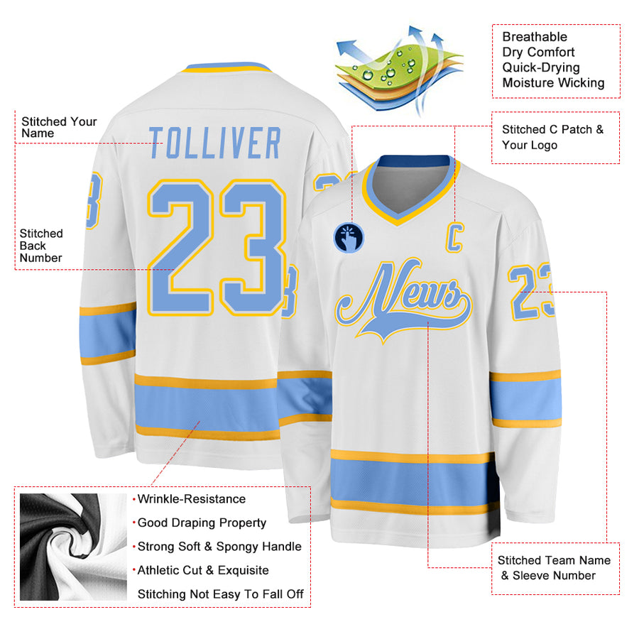 Custom White Light Blue-Gold Hockey Jersey