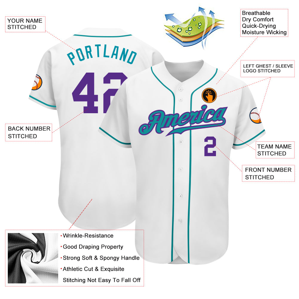 Custom White Purple-Teal Authentic Baseball Jersey