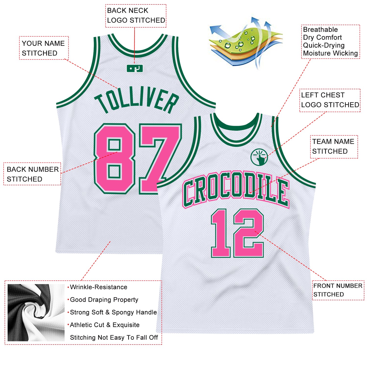 Custom White Pink-Kelly Green Authentic Throwback Basketball Jersey