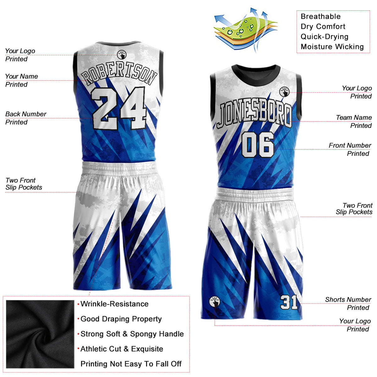 FANSIDEA Custom Basketball Jersey Black Royal-Light Blue Round Neck Sublimation Basketball Suit Jersey Men's Size:2XL