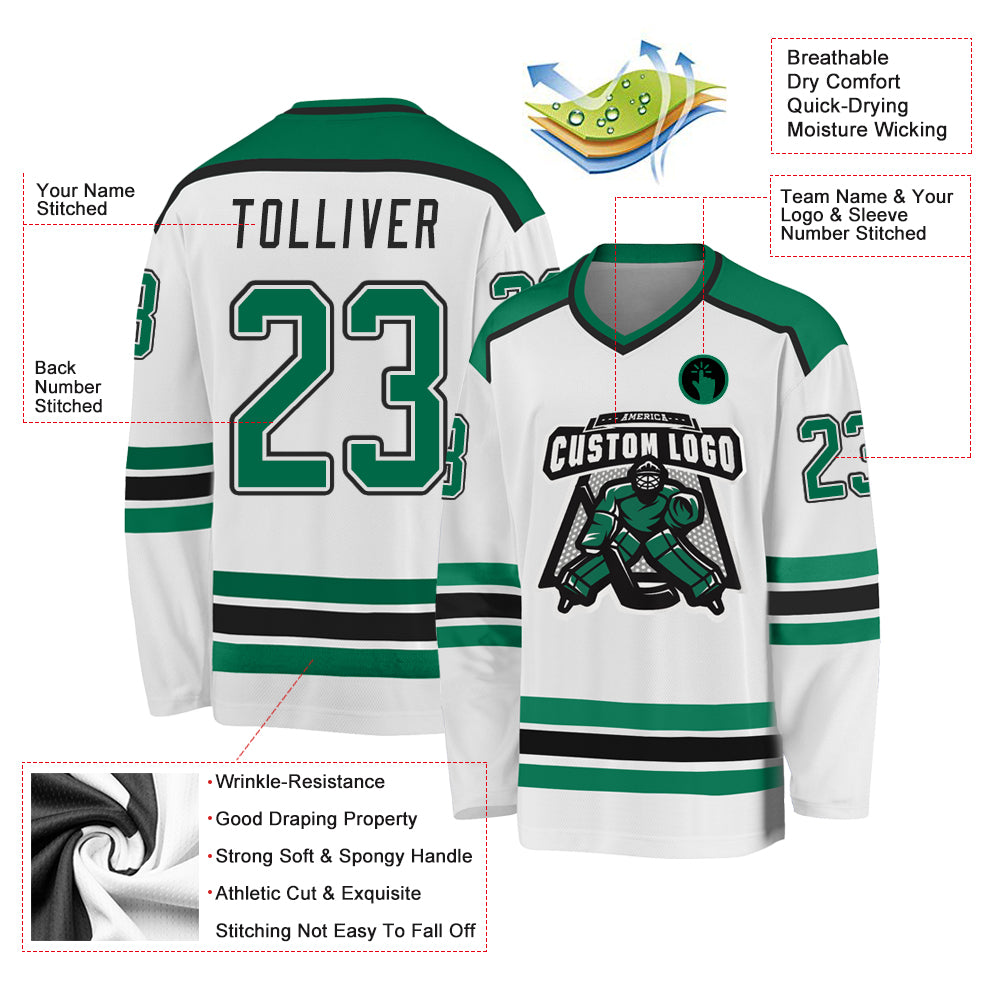 Custom White Kelly Green-Black Hockey Jersey