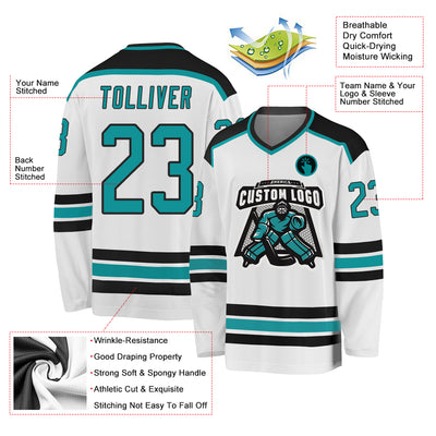 Custom White Aqua-Black Hockey Jersey