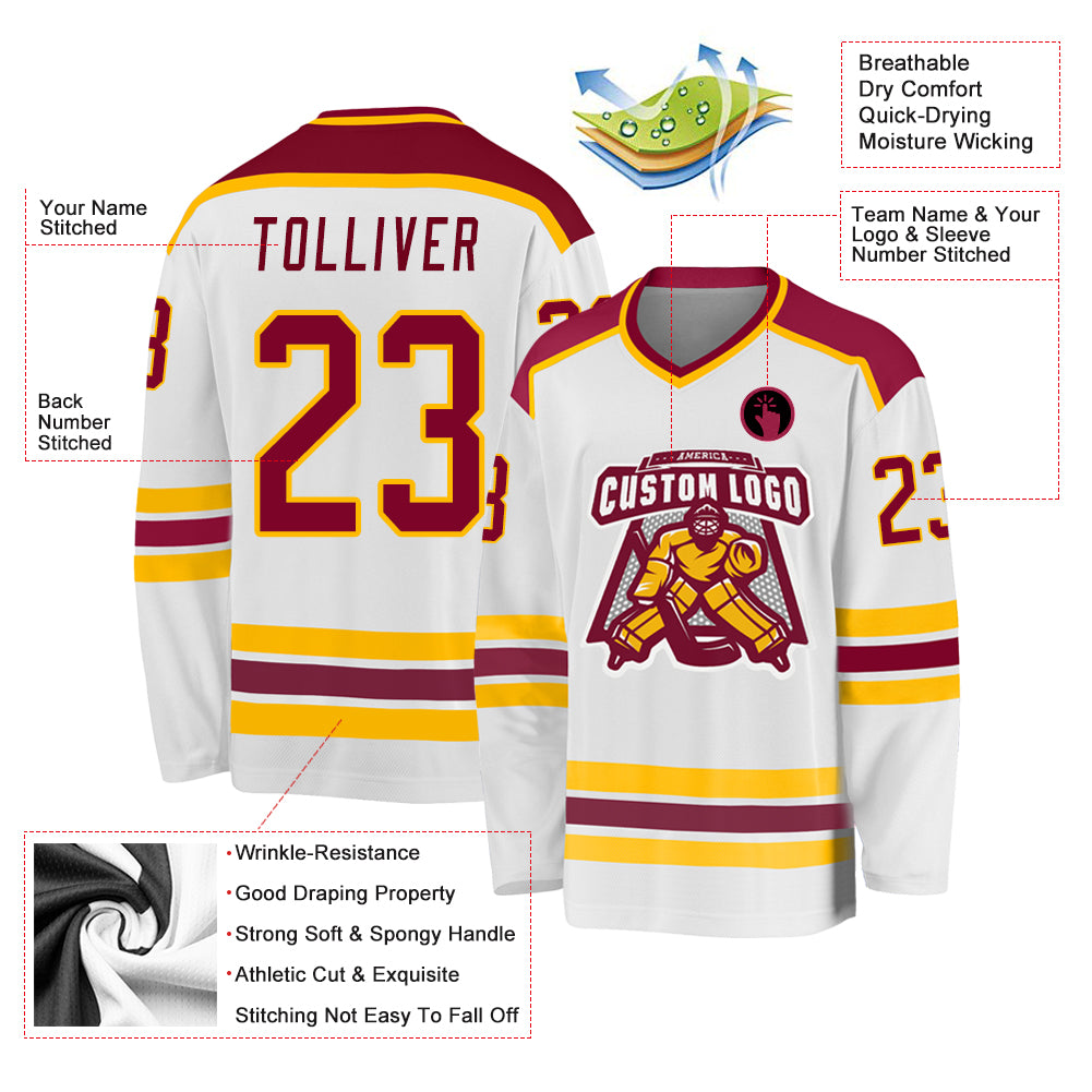 Custom White Maroon-Gold Hockey Jersey