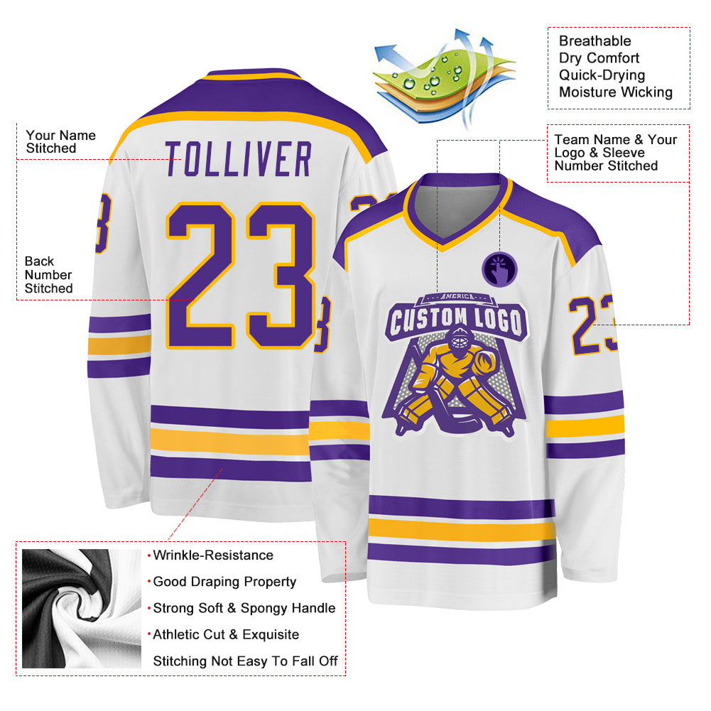 Custom White Purple-Gold Hockey Jersey