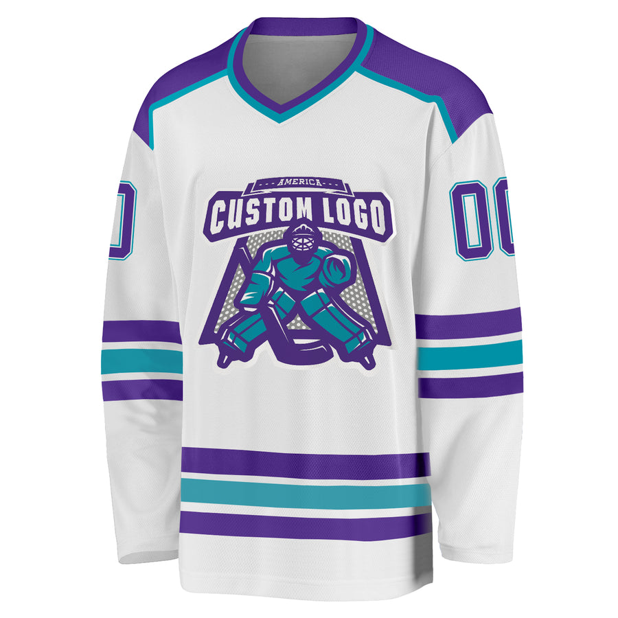 Custom White Purple-Teal Hockey Jersey