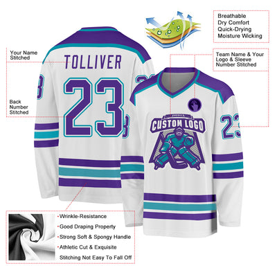 Custom White Purple-Teal Hockey Jersey