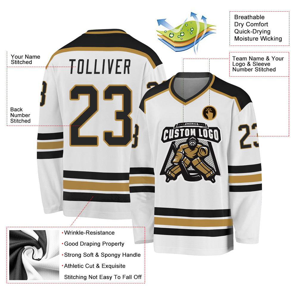 Custom White Black-Old Gold Hockey Jersey