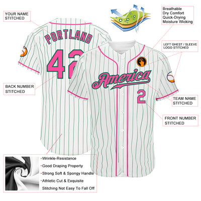 Custom White Kelly Green Pinstripe Pink-Kelly Green Authentic Baseball Jersey