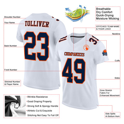 Custom White Navy-Orange Mesh Authentic Football Jersey