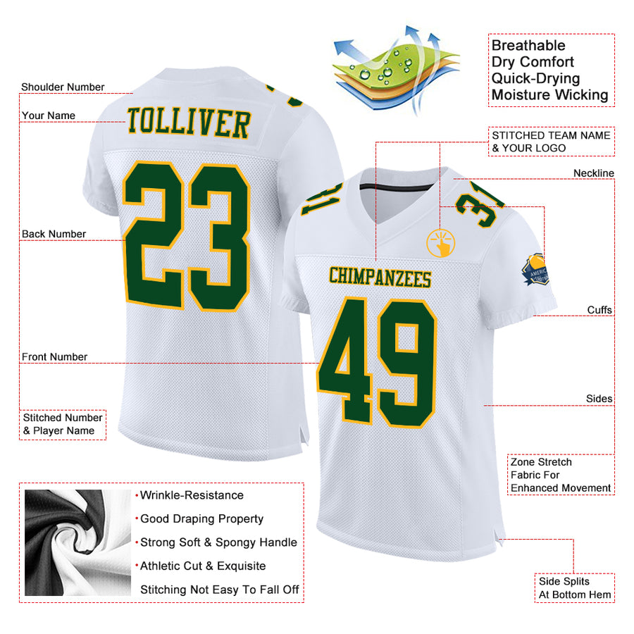 Custom White Green-Gold Mesh Authentic Football Jersey