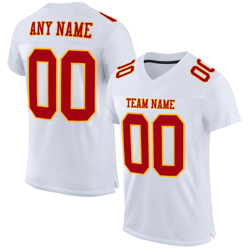 Custom White Football Jersey Red-Gold Mesh Authentic - FansIdea